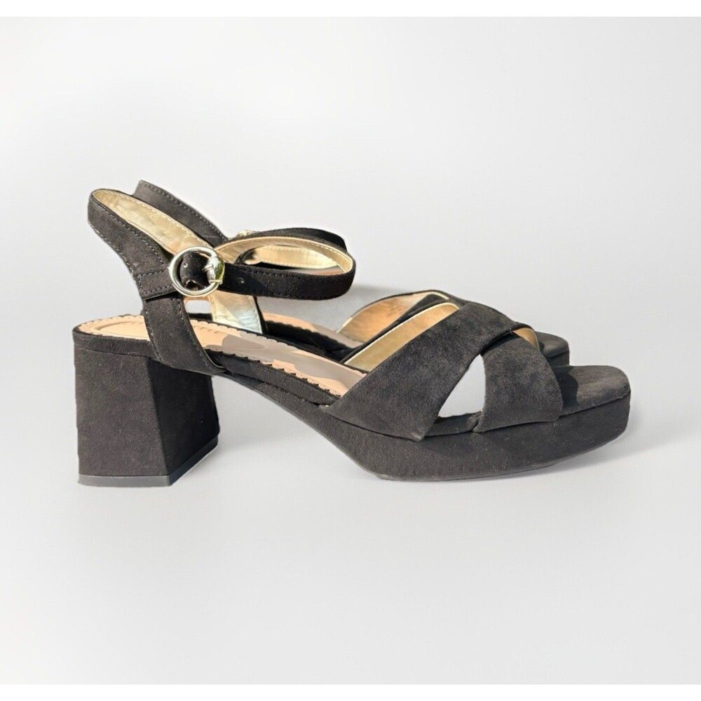 Kelly Katie Liliena Womens 7 Black Suede Cross Strap Platform Block Heel Sandal